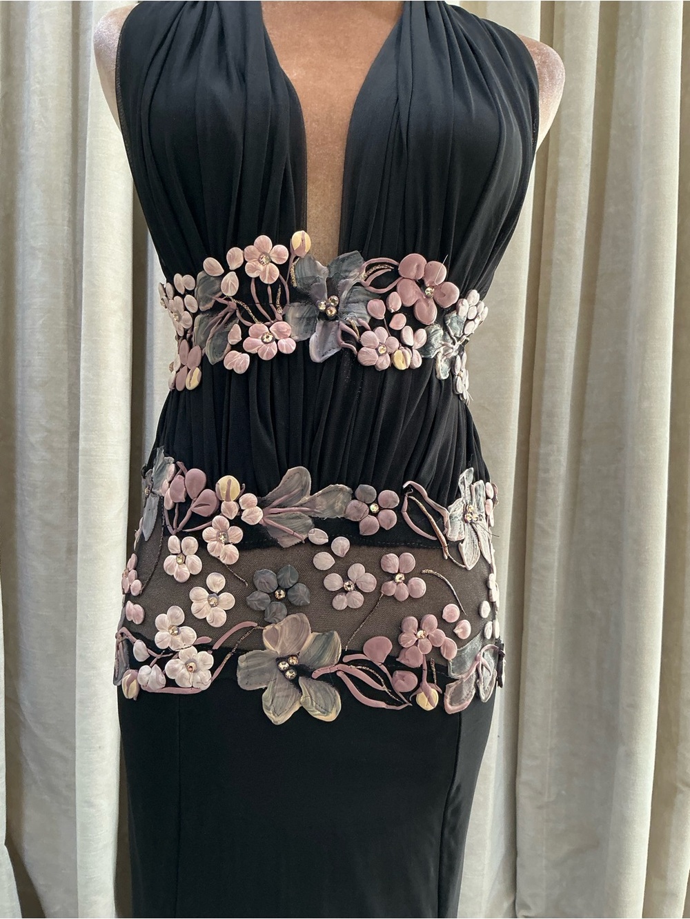 Black Halter Evening Gown with Pink Floral Embroidery - Picture 4 of 15